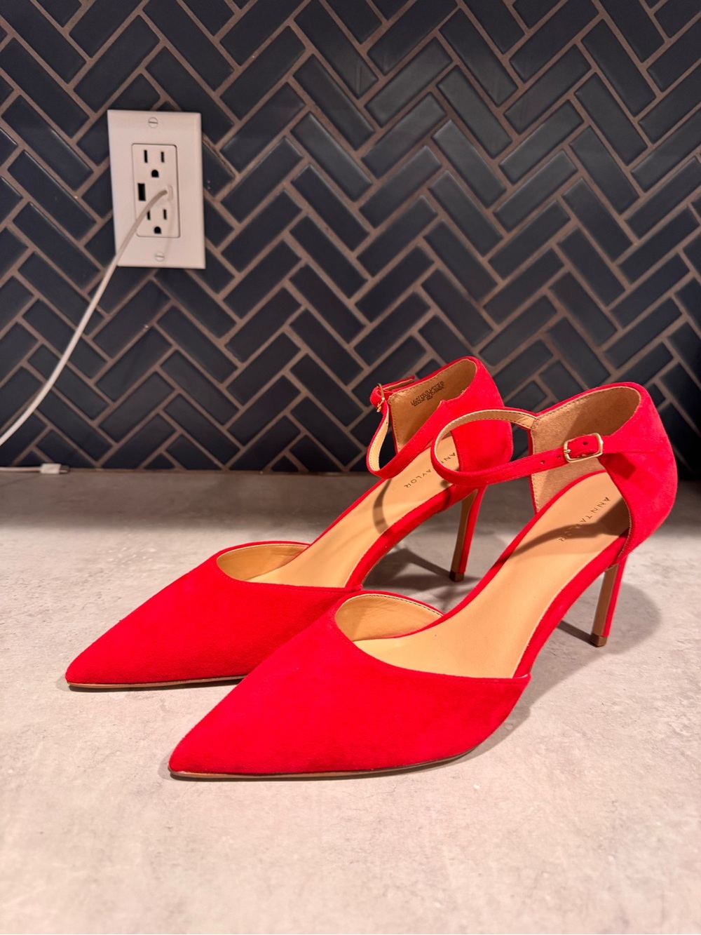 Red Ann Taylor Pointed Ankle-Strap Stiletto Sued Pumps - Women